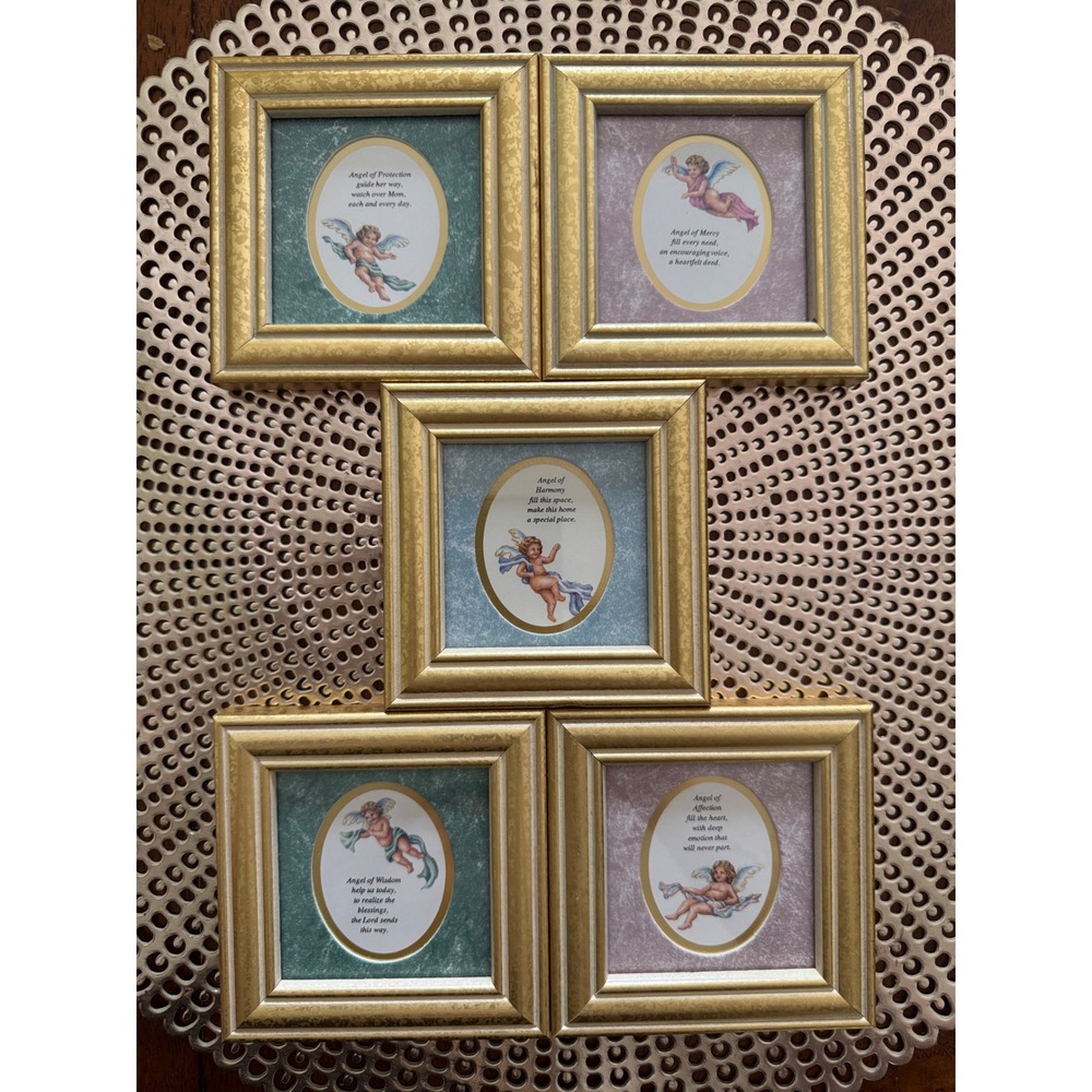 Vintage 1993 Heartfelt Heavenly Accents Kathy Seek Mini Angel Framed Art Set 5